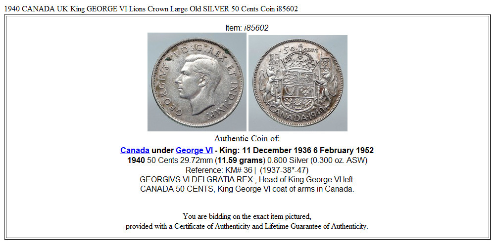 1940 CANADA UK King GEORGE VI Lions Crown Large Old SILVER 50 Cents Coin i85602