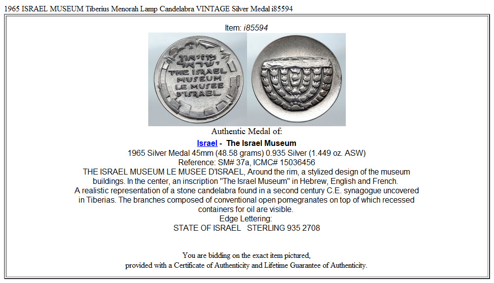 1965 ISRAEL MUSEUM Tiberius Menorah Lamp Candelabra VINTAGE Silver Medal i85594