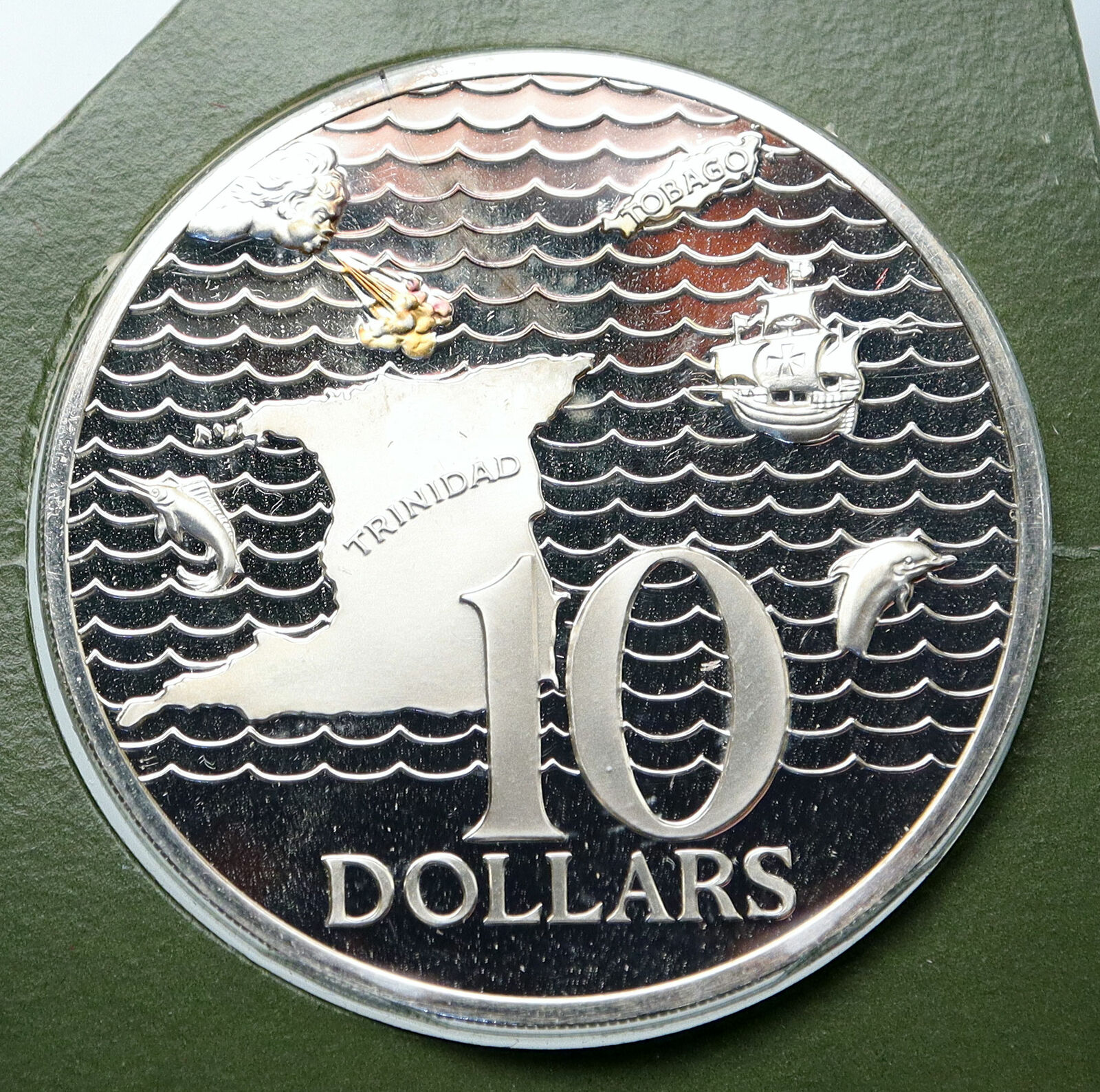 1975 TRINIDAD and TOBAGO Islands Large Vintage Proof Silver $10 Coin i85605