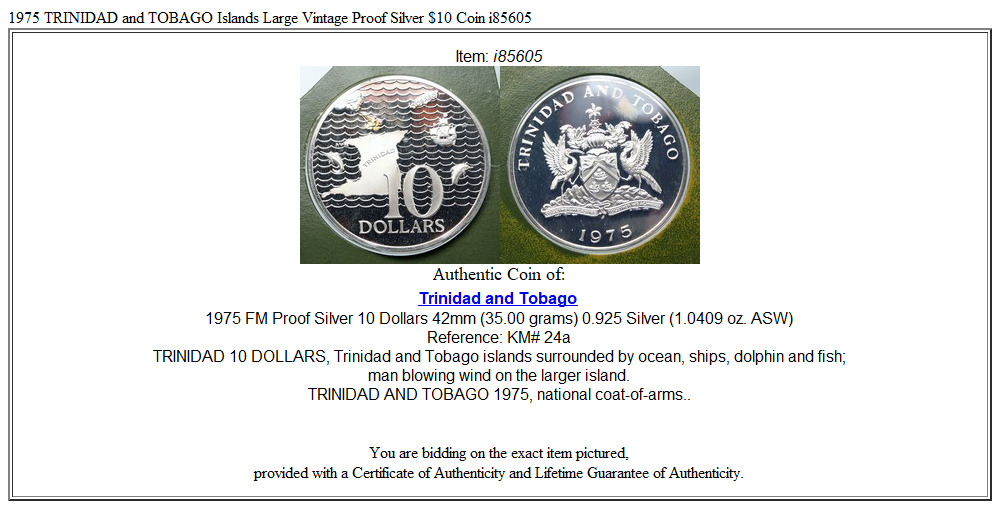 1975 TRINIDAD and TOBAGO Islands Large Vintage Proof Silver $10 Coin i85605