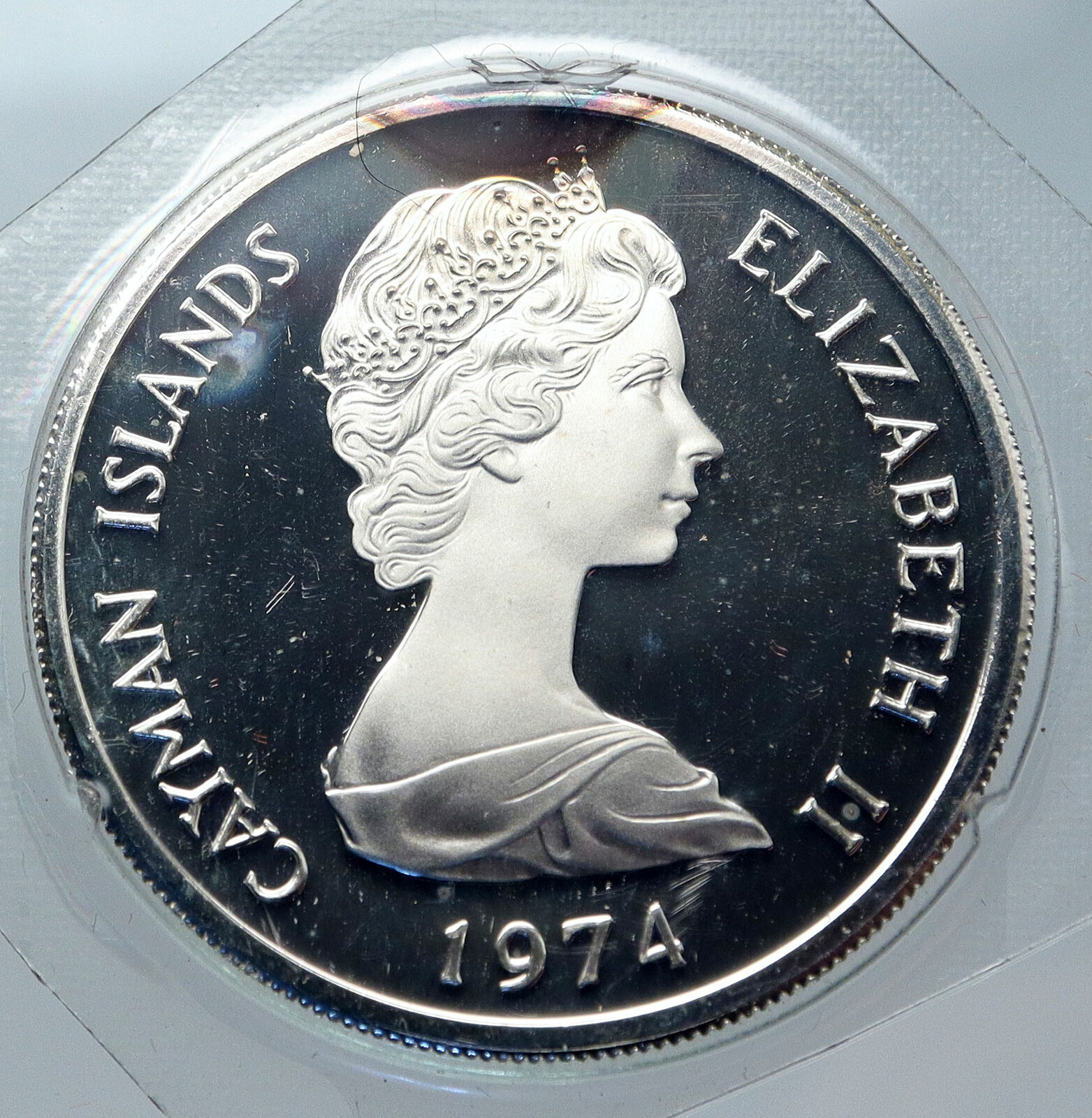 1974 CAYMAN ISLANDS Old UK Queen Elizabeth II 4.2cm Proof Silver $5 Coin i85608