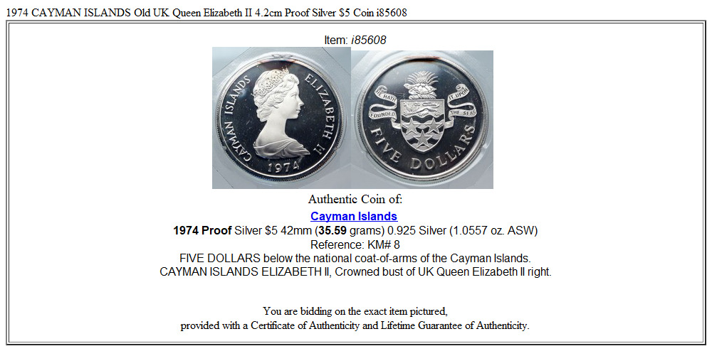 1974 CAYMAN ISLANDS Old UK Queen Elizabeth II 4.2cm Proof Silver $5 Coin i85608