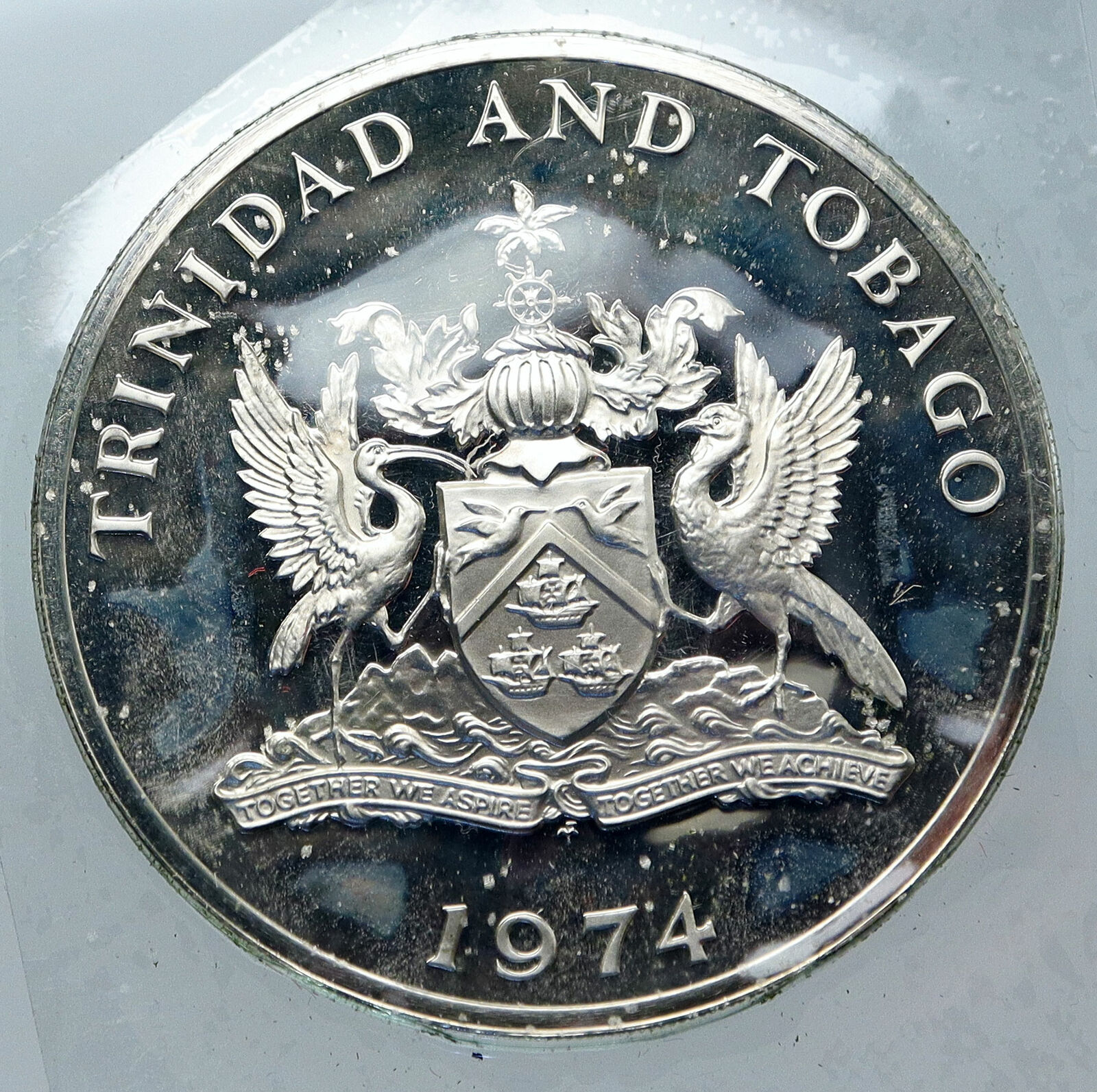 1974 TRINIDAD and TOBAGO Islands Large Vintage OLD Proof Silver $10 Coin i85606