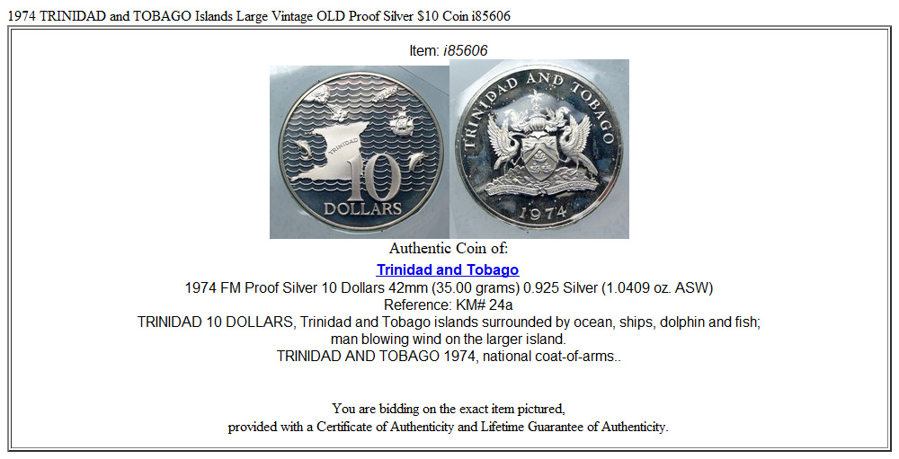 1974 TRINIDAD and TOBAGO Islands Large Vintage OLD Proof Silver $10 Coin i85606