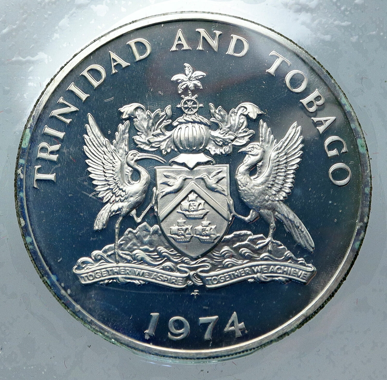 1974 TRINIDAD and TOBAGO Ibis INDEPENDENCE Old Proof Silver 5 Dollar Coin i85607