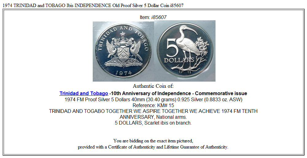 1974 TRINIDAD and TOBAGO Ibis INDEPENDENCE Old Proof Silver 5 Dollar Coin i85607