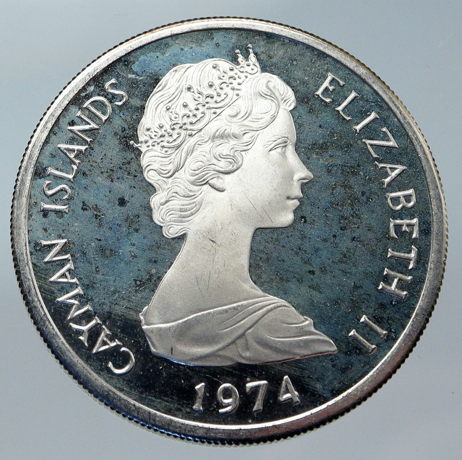 1974 CAYMAN ISLANDS 4.2cm Proof Silver $5 Coin w UK Queen Elizabeth II i85609