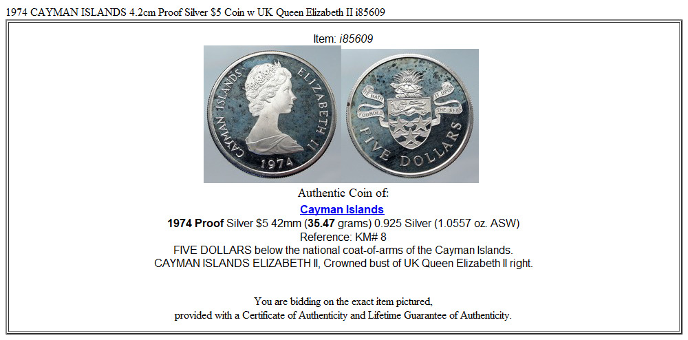 1974 CAYMAN ISLANDS 4.2cm Proof Silver $5 Coin w UK Queen Elizabeth II i85609