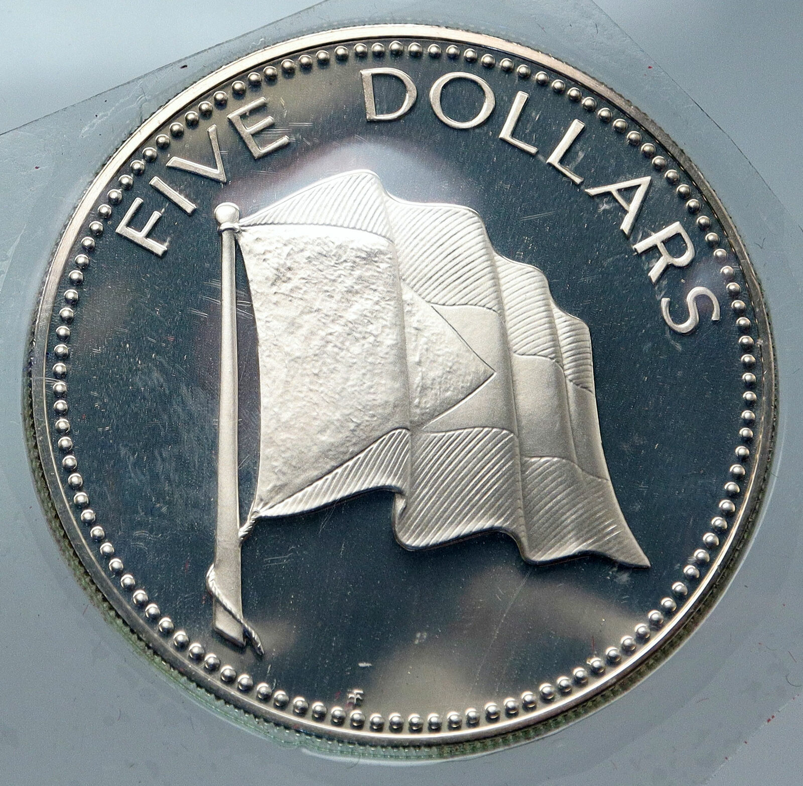 1974 BAHAMAS UK Queen Elizabeth II FLAG Proof Silver Coin 5 Dollars Coin i85611