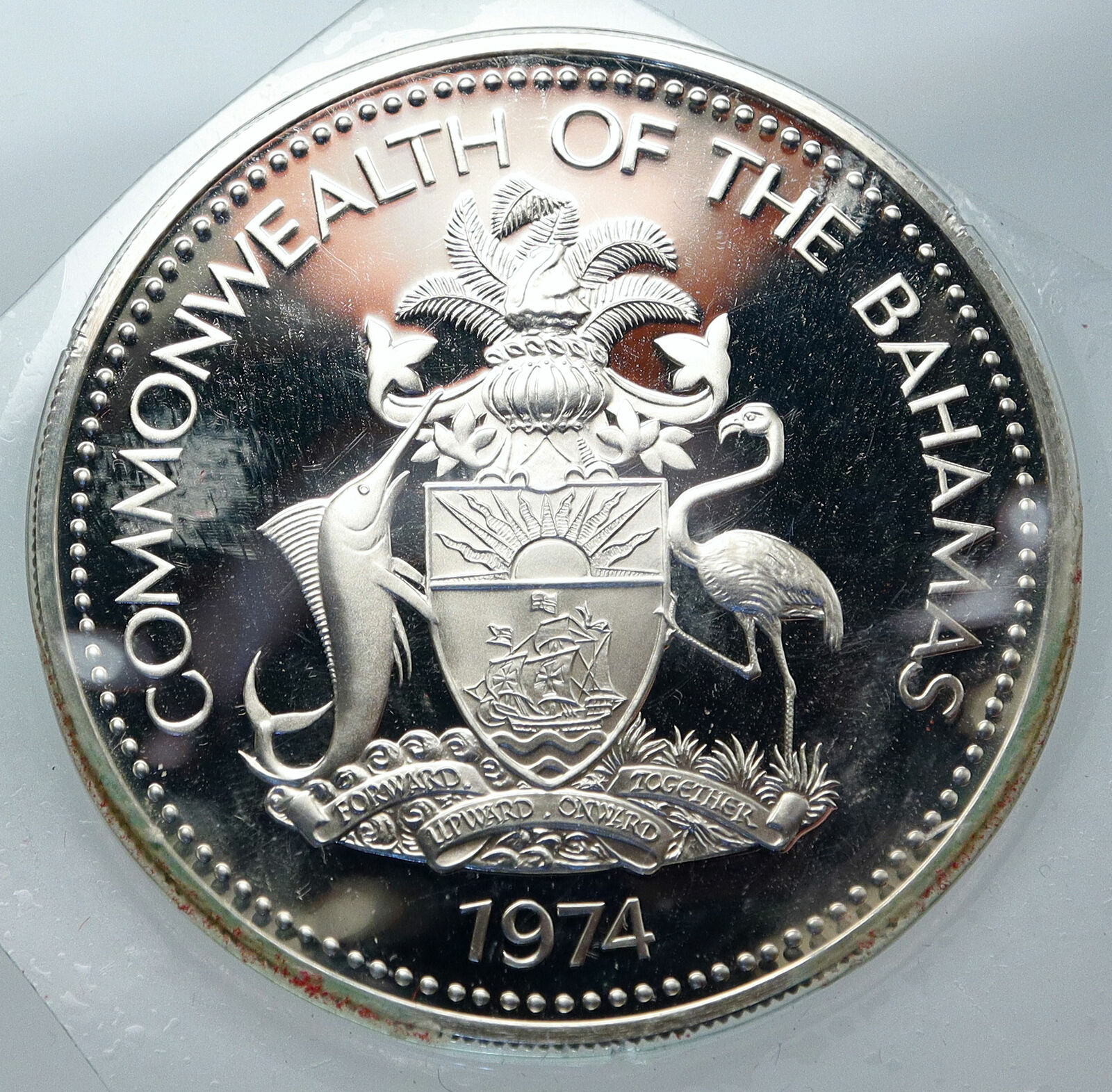 1974 BAHAMAS UK Queen Elizabeth II FLAG Proof Silver Coin 5 Dollars Coin i85611