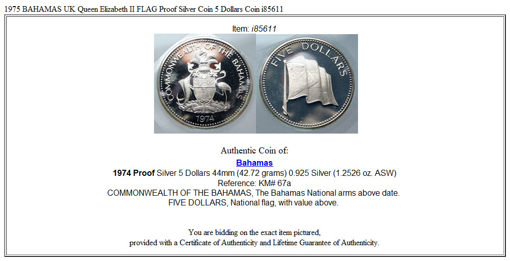 1974 BAHAMAS UK Queen Elizabeth II FLAG Proof Silver Coin 5 Dollars Coin i85611