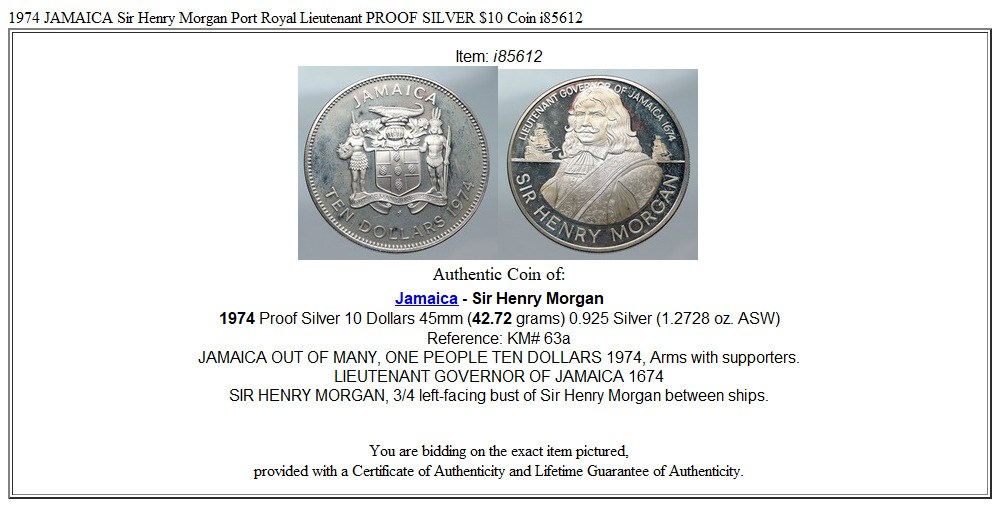 1974 JAMAICA Sir Henry Morgan Port Royal Lieutenant PROOF SILVER $10 Coin i85612