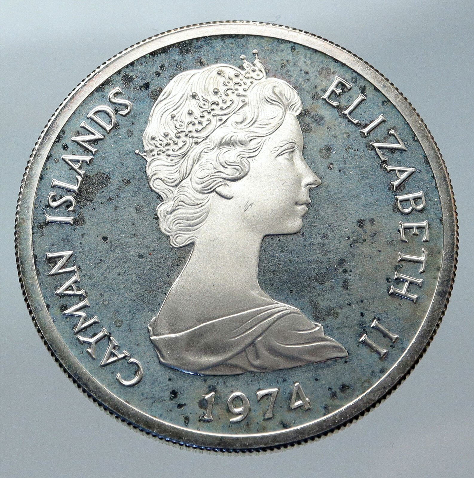 1974 CAYMAN ISLANDS 4.2cm Proof Silver $5 Coin w UK Queen Elizabeth II i85610