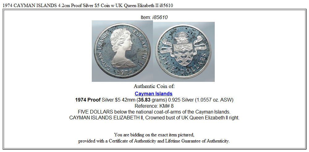 1974 CAYMAN ISLANDS 4.2cm Proof Silver $5 Coin w UK Queen Elizabeth II i85610