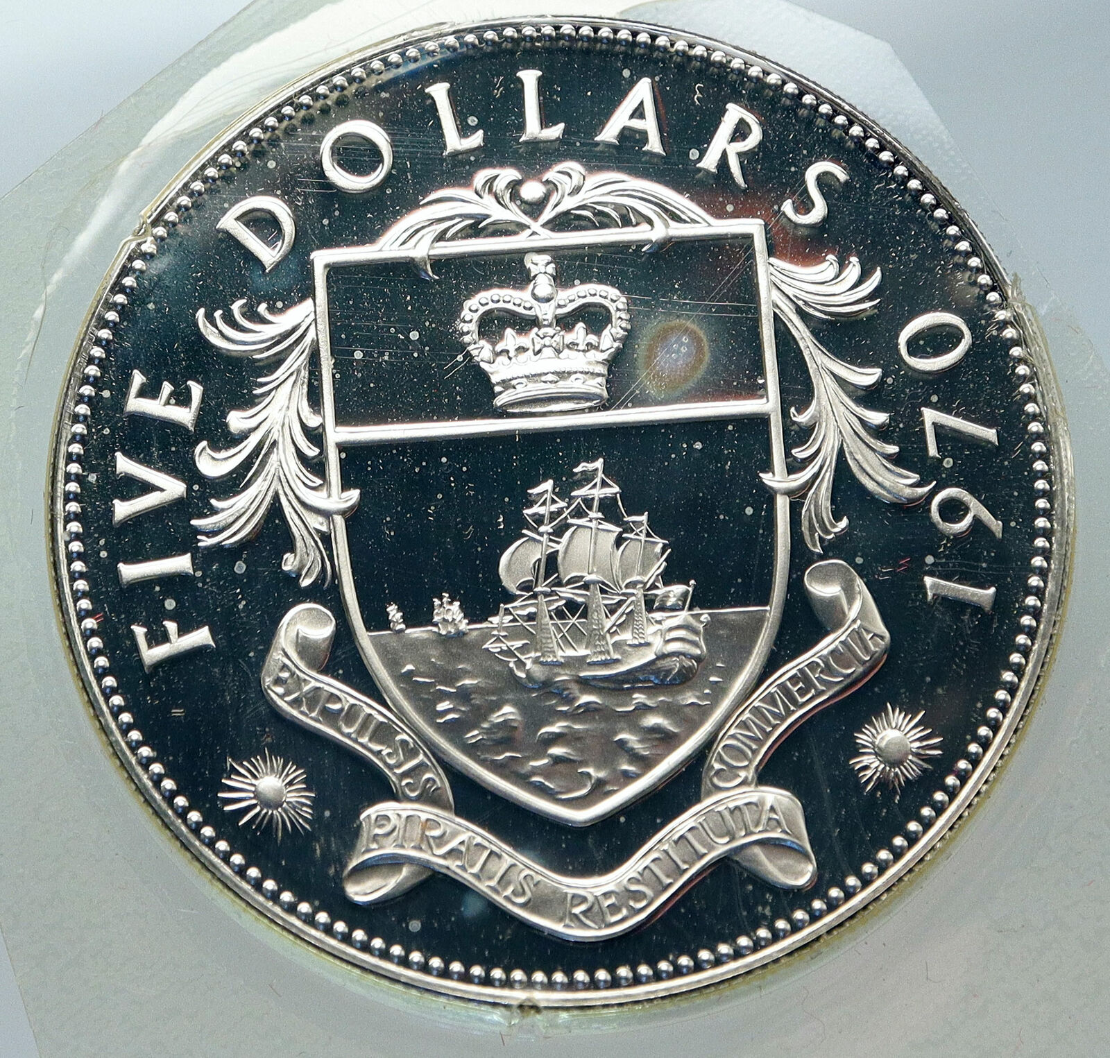 1970 BAHAMAS HUGE Large PIRATE DEFEAT MOTTO Proof Silver 5 Dollars Coin i85615