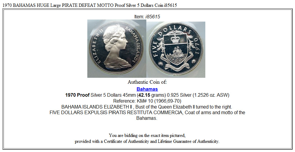 1970 BAHAMAS HUGE Large PIRATE DEFEAT MOTTO Proof Silver 5 Dollars Coin i85615