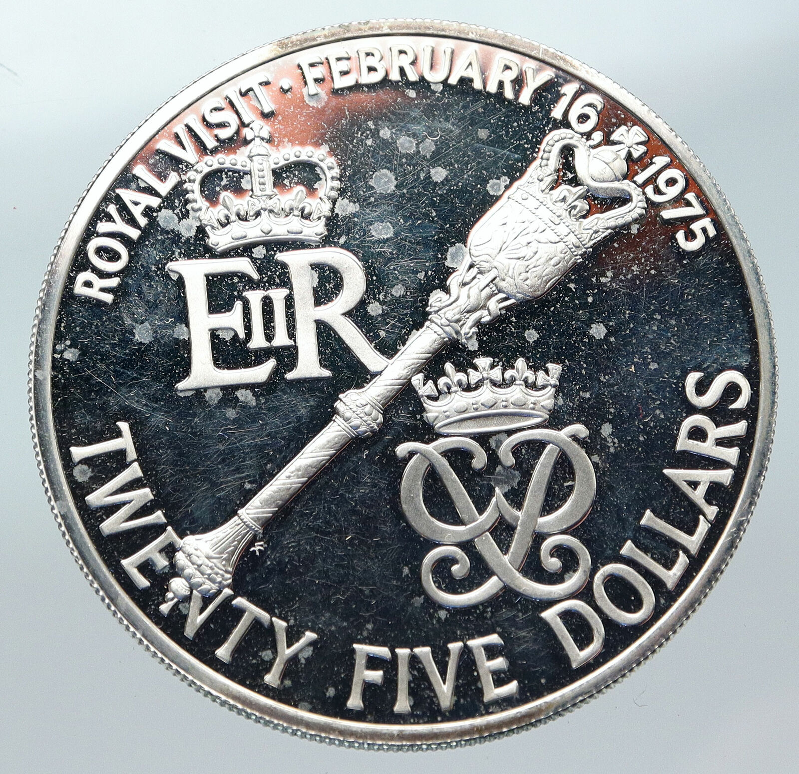 1975 BERMUDA British Colony Elizabeth II ROYAL VISIT Proof Silver 25 Coin i85617