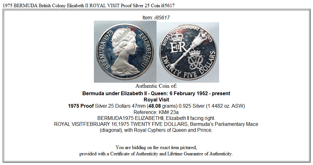 1975 BERMUDA British Colony Elizabeth II ROYAL VISIT Proof Silver 25 Coin i85617