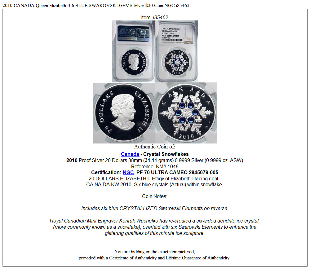 2010 CANADA Queen Elizabeth II 6 BLUE SWAROVSKI GEMS Silver $20 Coin NGC i85462