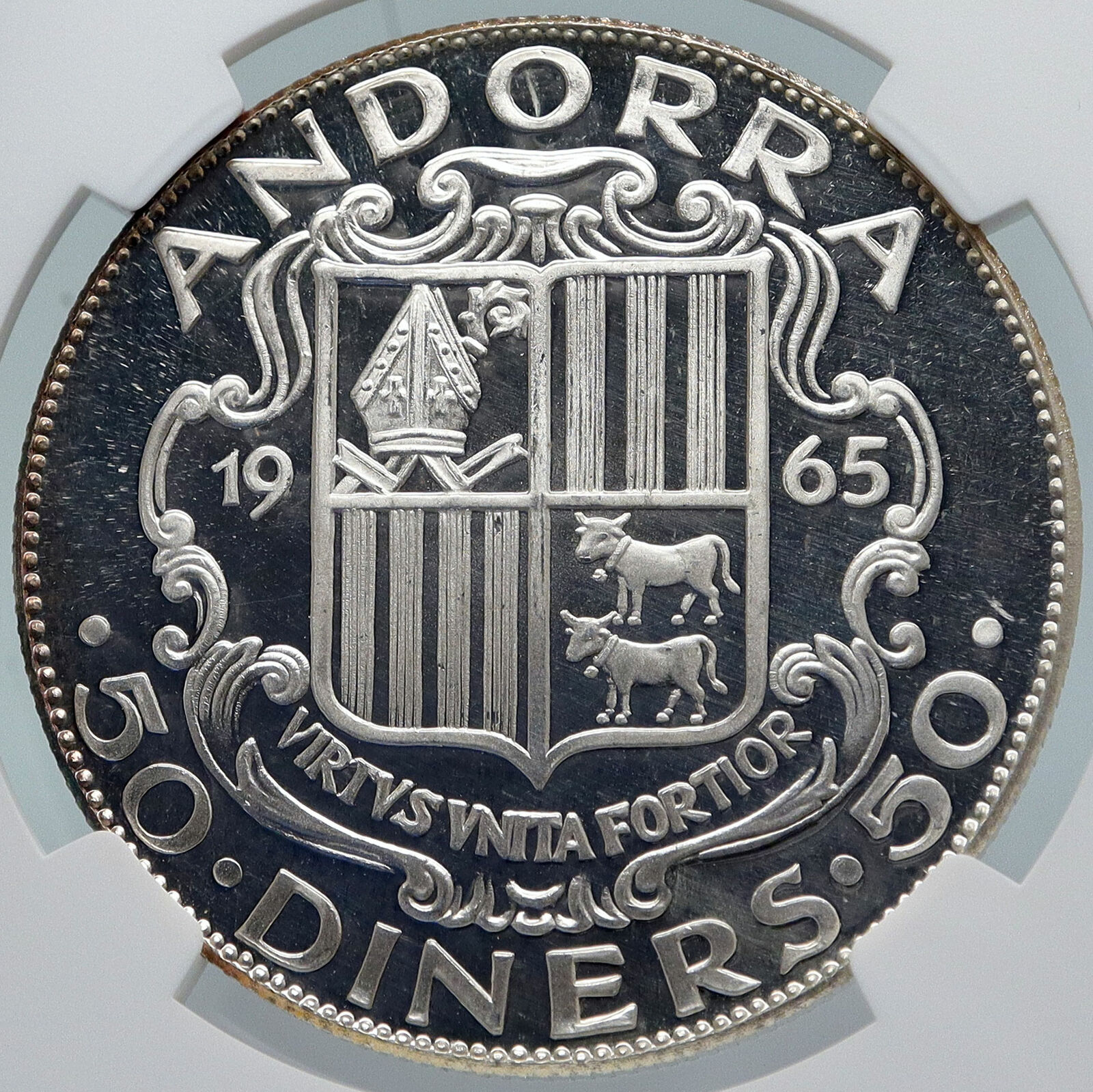 1965 ANDORRA Council of Justice House OLD PROOF Silver 50 Diners Coin NGC i85461