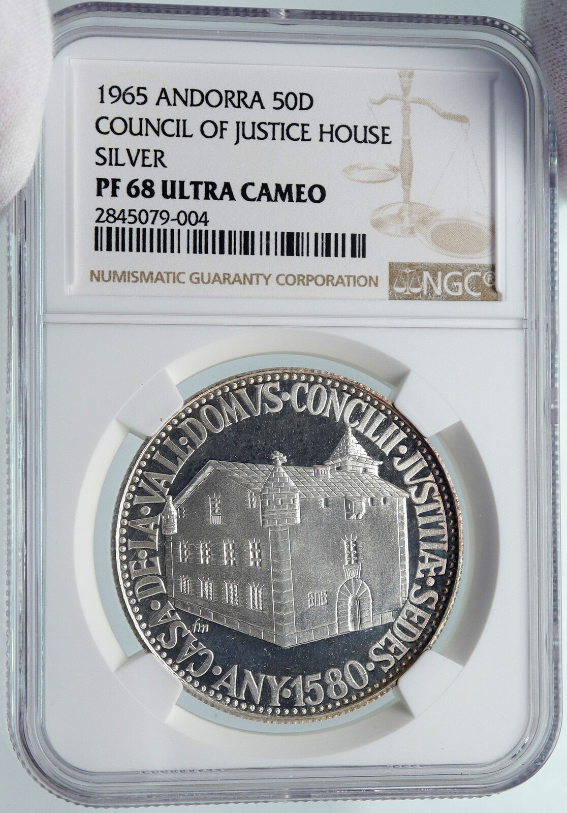 1965 ANDORRA Council of Justice House OLD PROOF Silver 50 Diners Coin NGC i85461