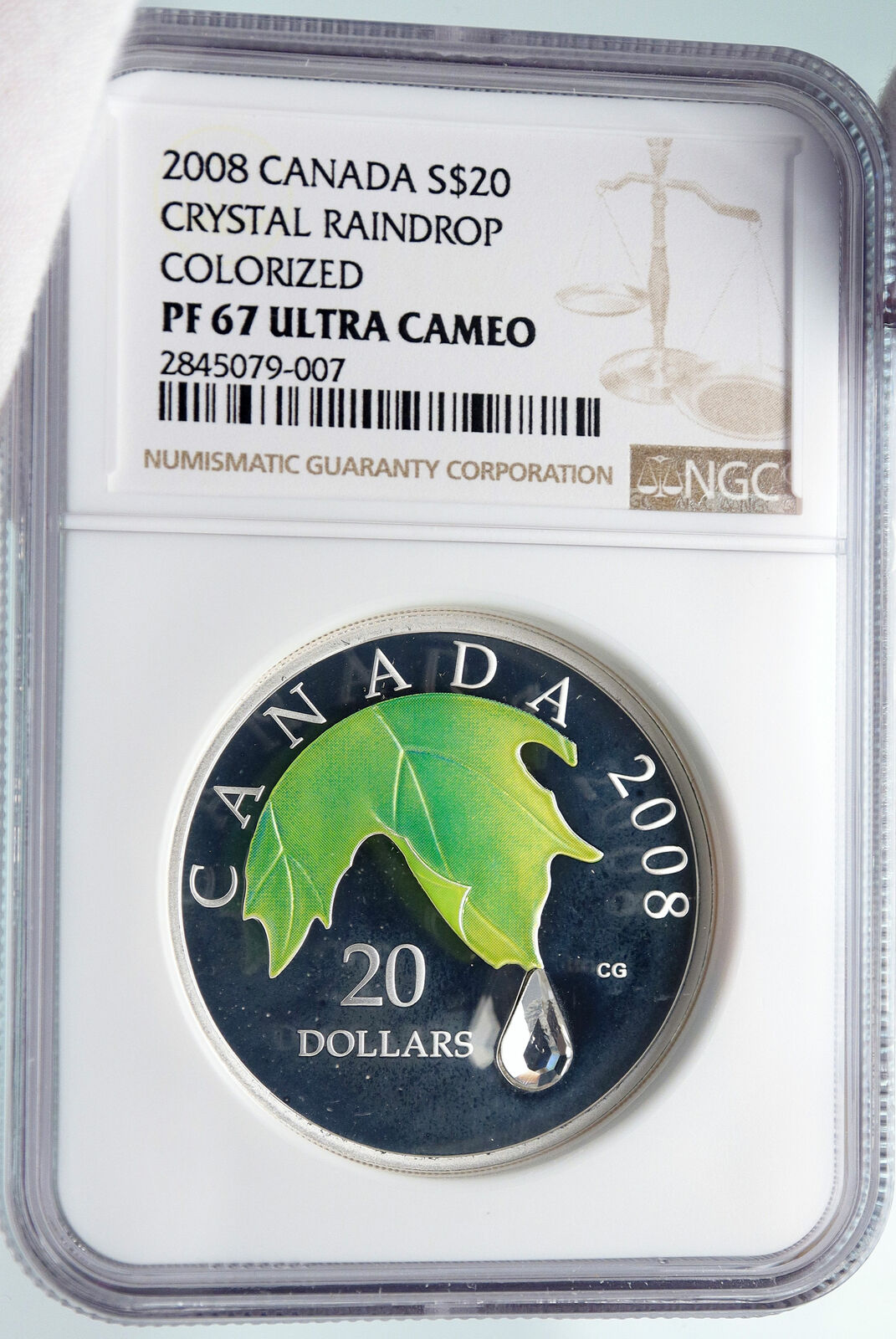 2008 CANADA Queen Elizabeth II Leaf SWAROVSKI Raindrop Silver 20 Coin NGC i85464