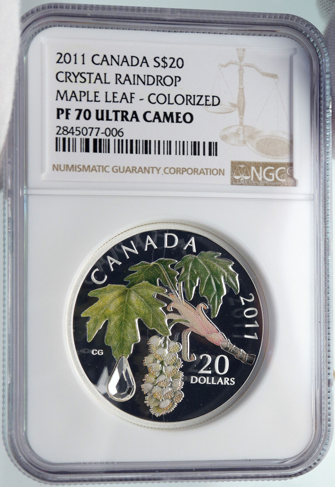 2011 CANADA Queen Elizabeth II Leaf SWAROVSKI Raindrop Silver 20 Coin NGC i85478