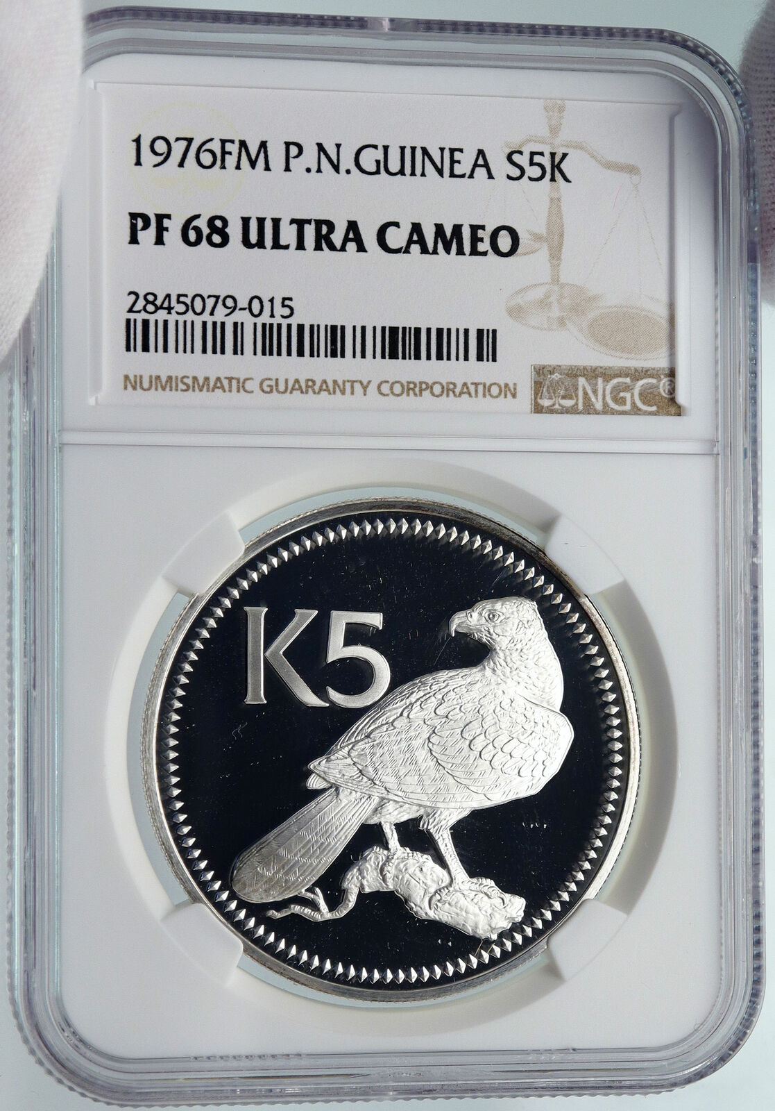 1976 PAPUA NEW GUINEA w PAPUAN Harpy EAGLE Proof Silver 5 Kina Coin NGC i85472