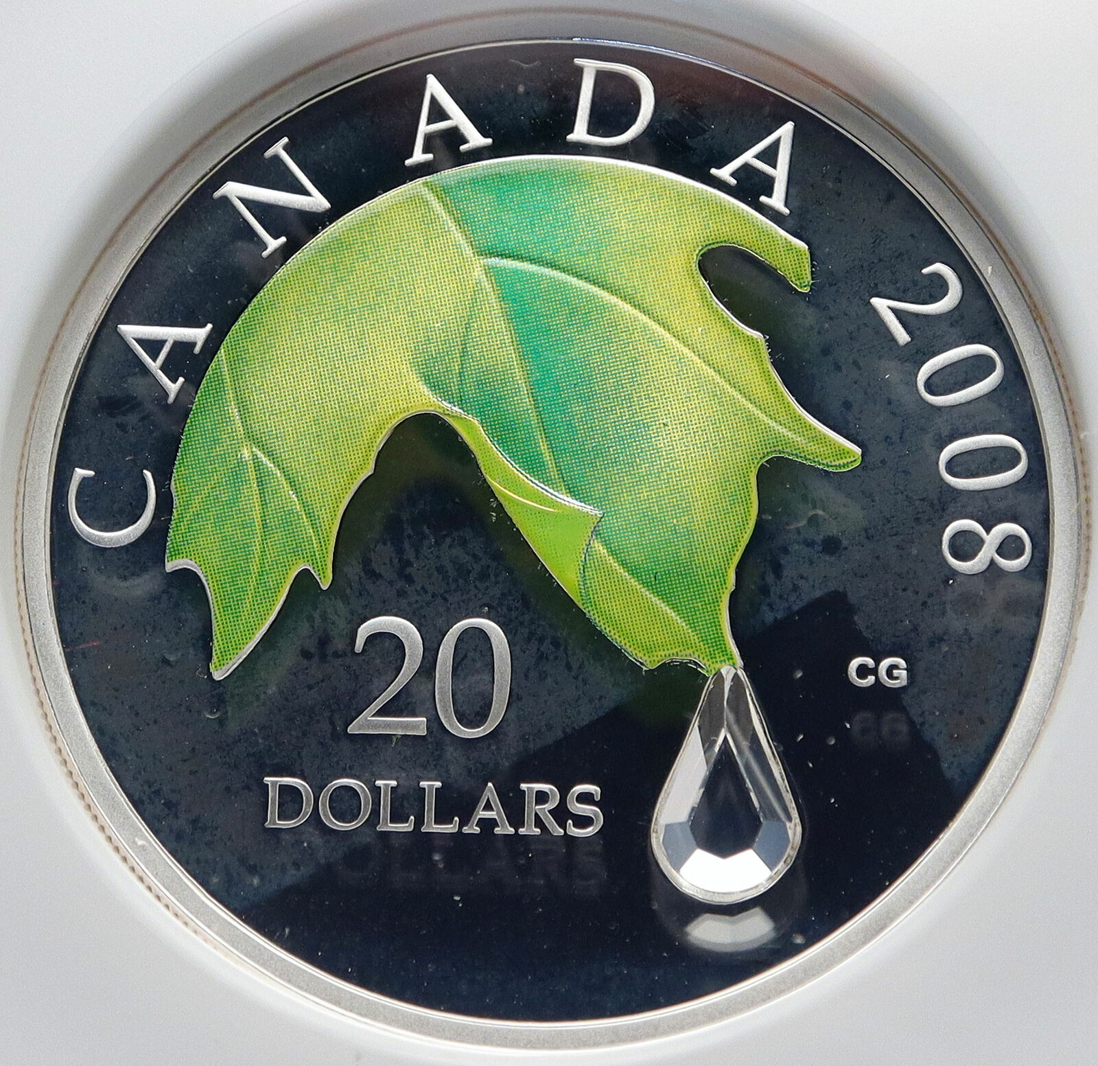 2008 CANADA Queen Elizabeth II Leaf SWAROVSKI Raindrop Silver 20 Coin NGC i85475