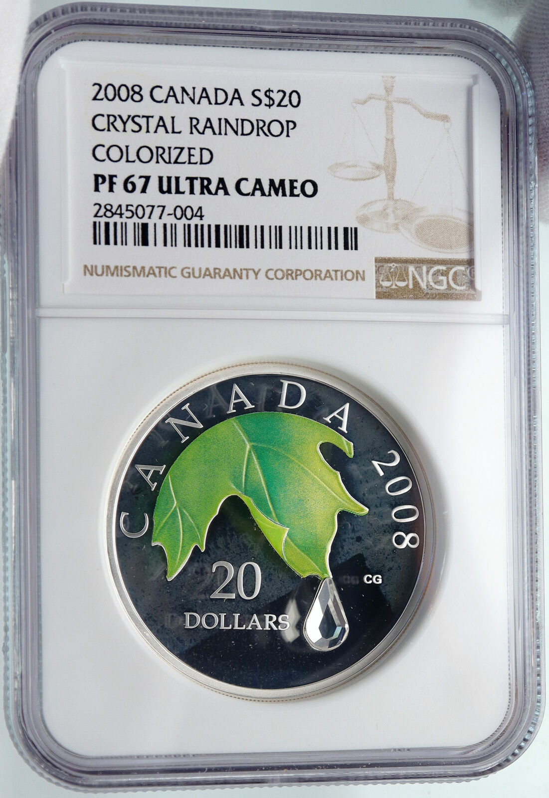 2008 CANADA Queen Elizabeth II Leaf SWAROVSKI Raindrop Silver 20 Coin NGC i85475