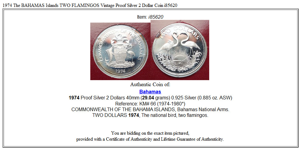 1974 The BAHAMAS Islands TWO FLAMINGOS Vintage Proof Silver 2 Dollar Coin i85620