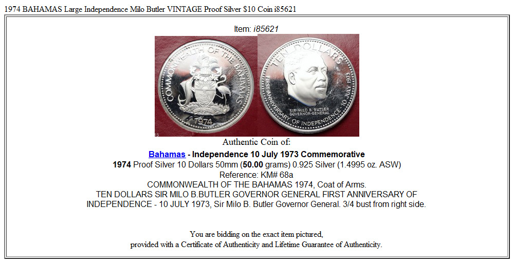 1974 BAHAMAS Large Independence Milo Butler VINTAGE Proof Silver $10 Coin i85621