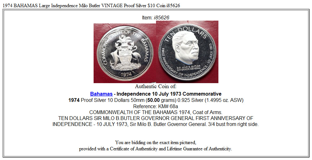 1974 BAHAMAS Large Independence Milo Butler VINTAGE Proof Silver $10 Coin i85626