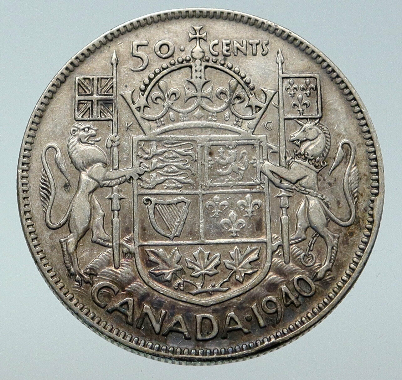 1940 CANADA WWII Time UK King GEORGE VI Coat-of-Arms SILVER 50 Cents Coin i85633