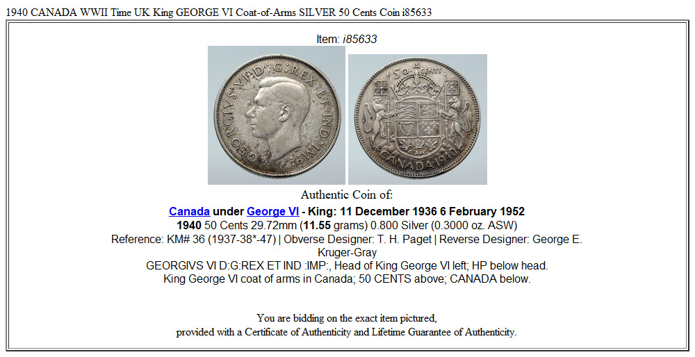 1940 CANADA WWII Time UK King GEORGE VI Coat-of-Arms SILVER 50 Cents Coin i85633