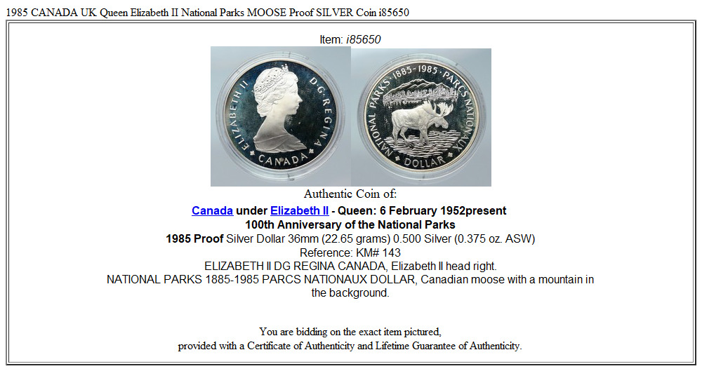 1985 CANADA UK Queen Elizabeth II National Parks MOOSE Proof SILVER Coin i85650