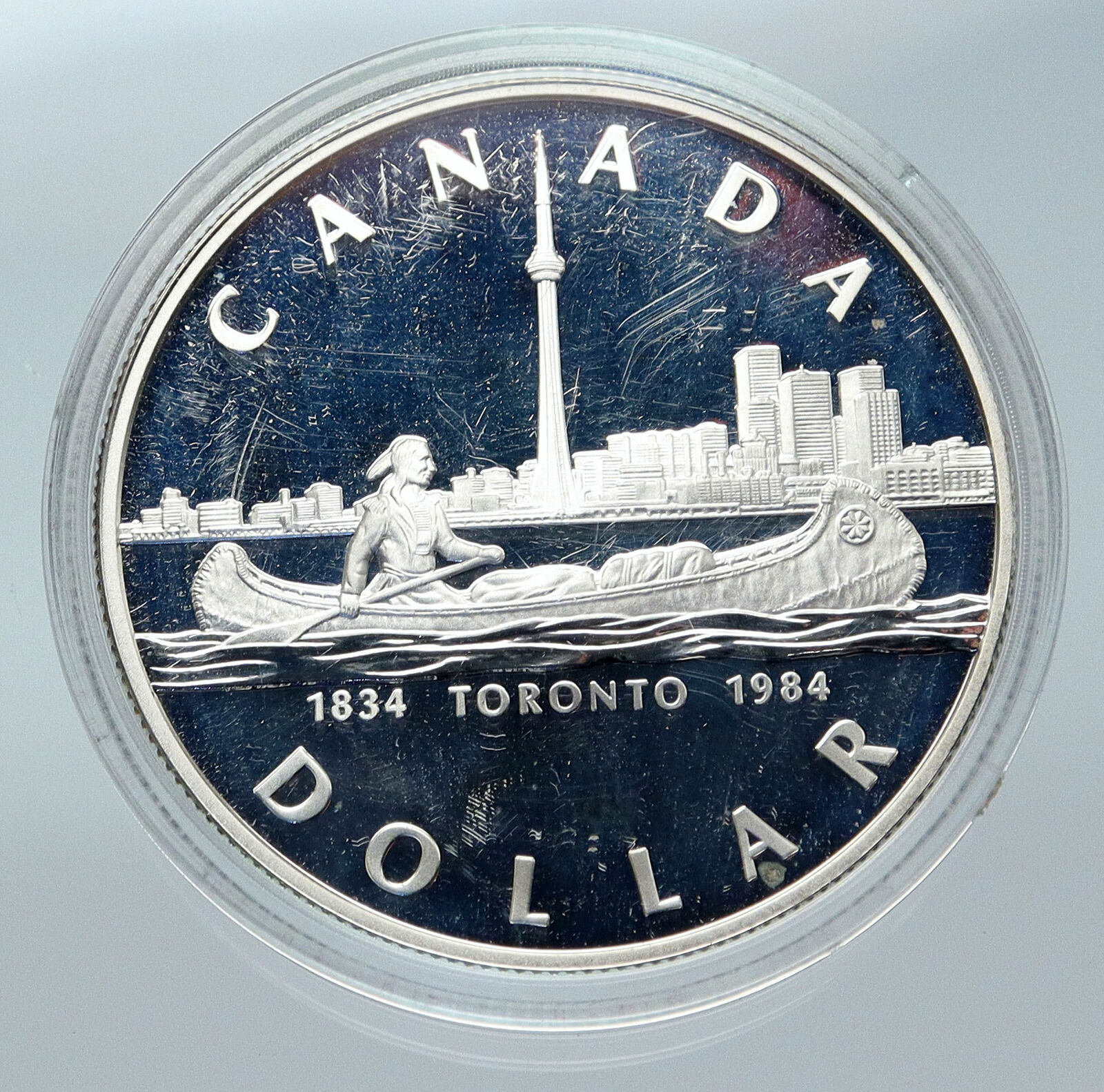 1984 CANADA UK Queen Elizabeth II Canoe in Toronto 150Y Proof Silver Coin i85651