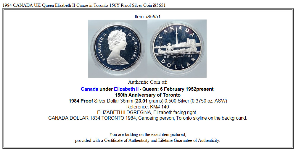 1984 CANADA UK Queen Elizabeth II Canoe in Toronto 150Y Proof Silver Coin i85651