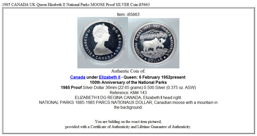 1985 CANADA UK Queen Elizabeth II National Parks MOOSE Proof SILVER Coin i85663