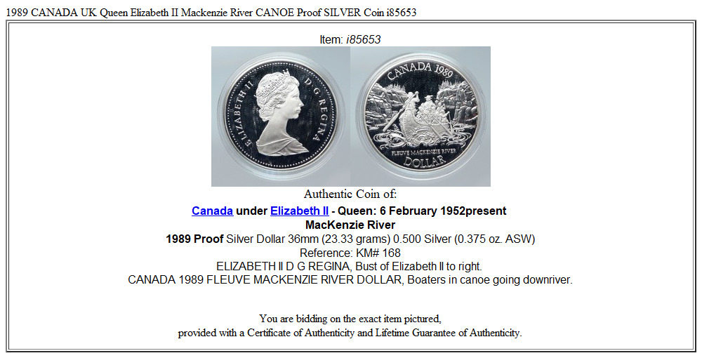 1989 CANADA UK Queen Elizabeth II Mackenzie River CANOE Proof SILVER Coin i85653