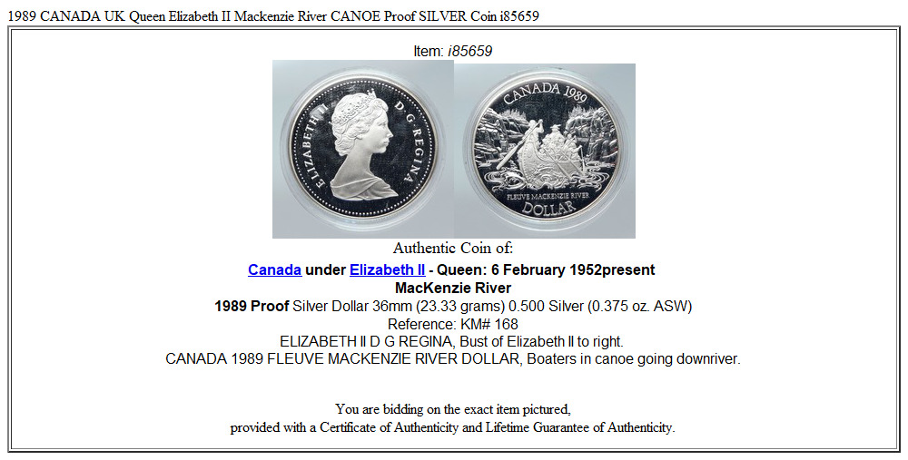 1989 CANADA UK Queen Elizabeth II Mackenzie River CANOE Proof SILVER Coin i85659