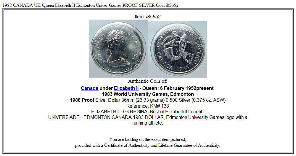 1988 CANADA UK Queen Elizabeth II Edmonton Univer Games PROOF SILVER Coin i85652