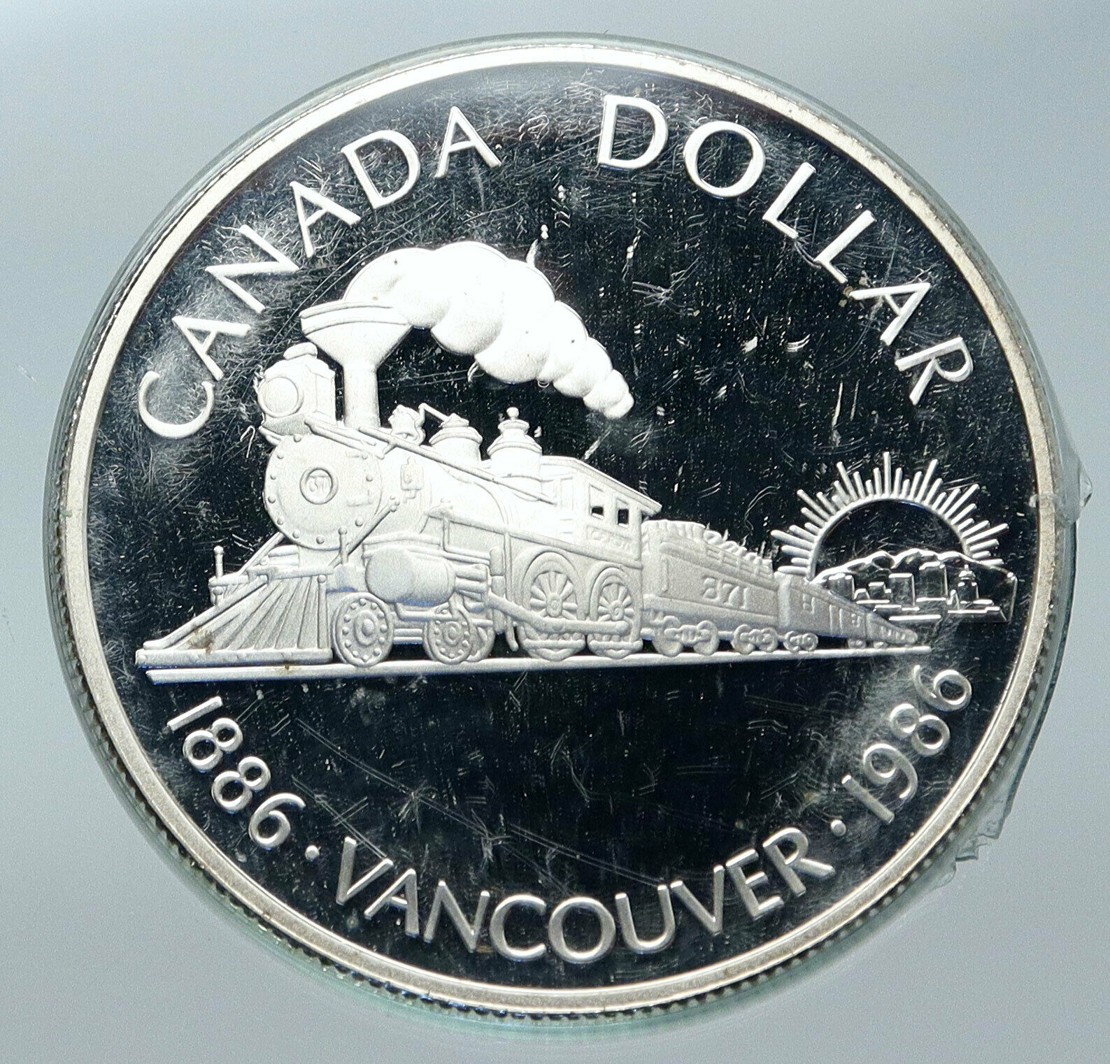 1986 CANADA Vancouver with UK Queen Elizabeth II Train Proof Silver Coin i85654