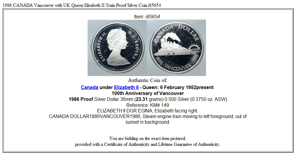 1986 CANADA Vancouver with UK Queen Elizabeth II Train Proof Silver Coin i85654