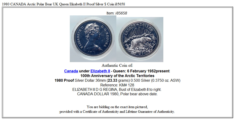 1980 CANADA Arctic Polar Bear UK Queen Elizabeth II Proof Silver $ Coin i85658