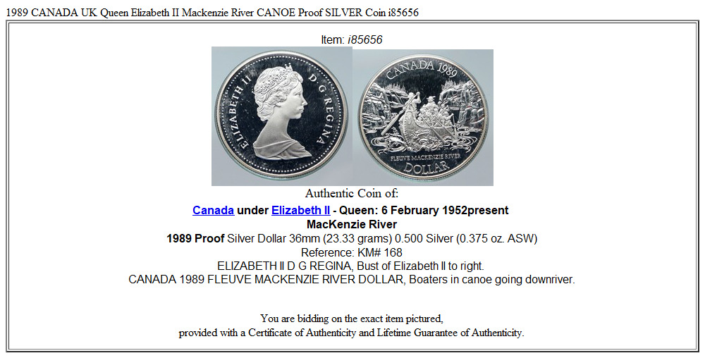 1989 CANADA UK Queen Elizabeth II Mackenzie River CANOE Proof SILVER Coin i85656