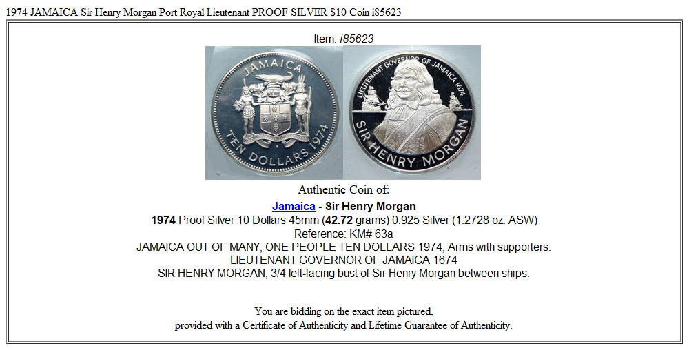 1974 JAMAICA Sir Henry Morgan Port Royal Lieutenant PROOF SILVER $10 Coin i85623