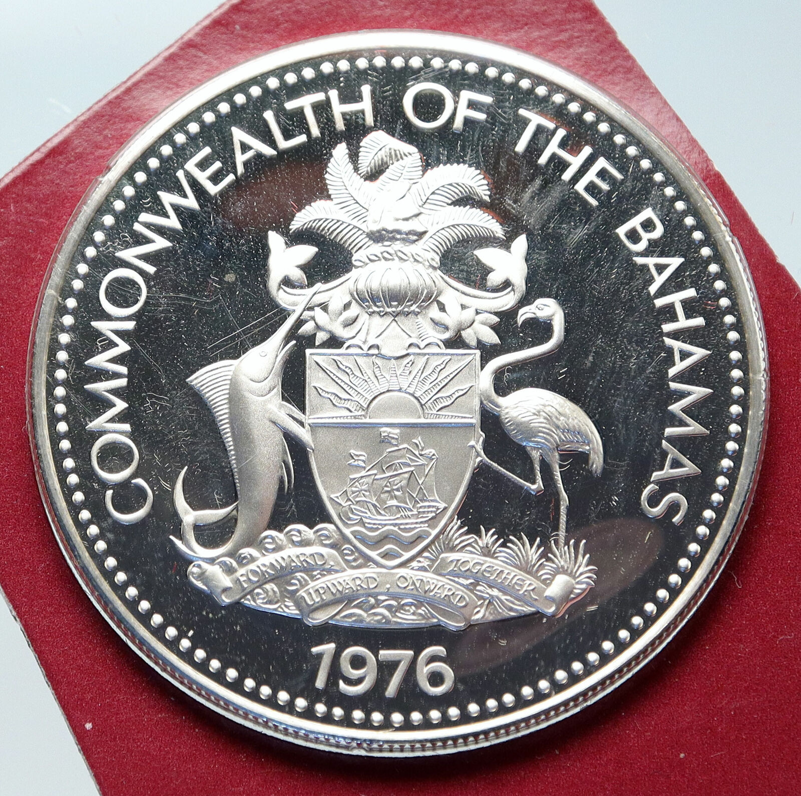 1976 BAHAMAS UK Queen Elizabeth II FLAG Proof Silver Coin 5 Dollars Coin i85628