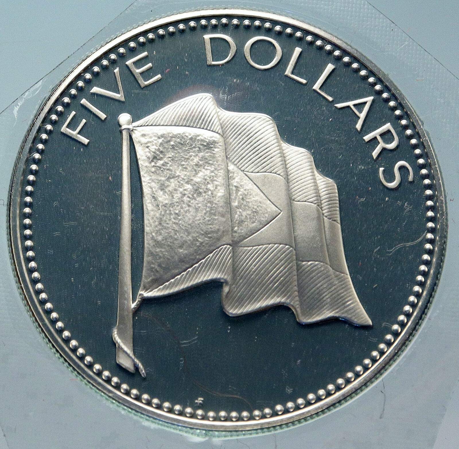 1975 BAHAMAS UK Queen Elizabeth II FLAG Proof Silver Coin 5 Dollars Coin i85625