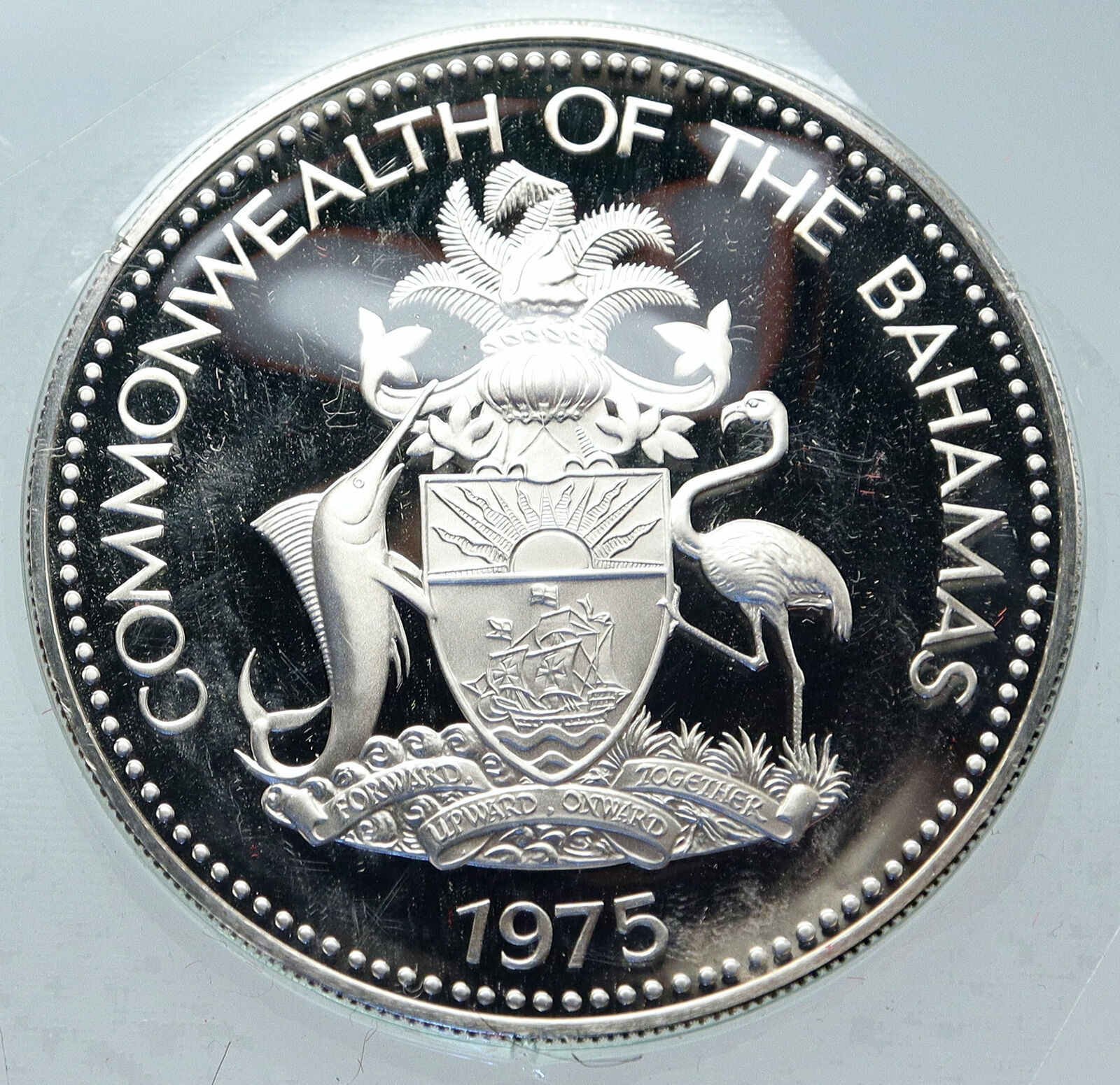 1975 BAHAMAS UK Queen Elizabeth II FLAG Proof Silver Coin 5 Dollars Coin i85625